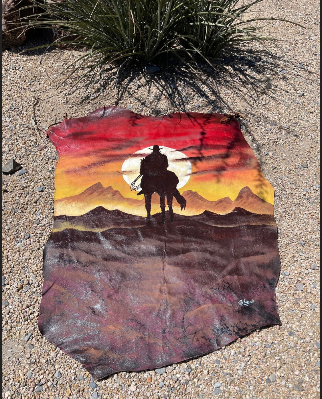 Hand painted apx 3.5’ Leather SOUTHWEST WALL DECOR