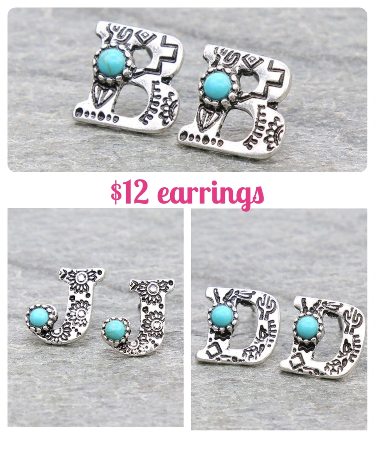 Initial Letter charm Punched Western EARRINGS Southwest Bedazzle jewelz