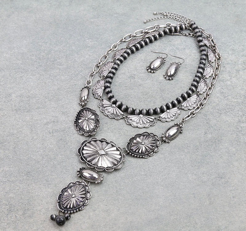 3 Layer Western concho necklace silver