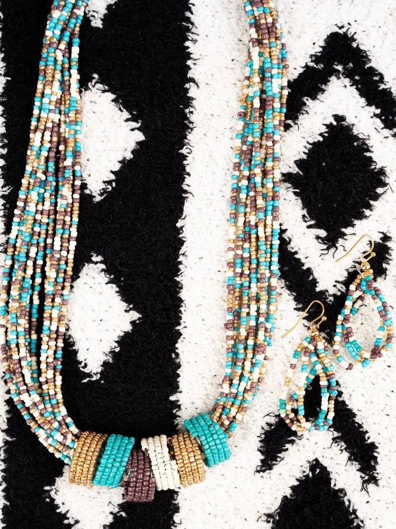 Turquoise Gables Seed Bead Necklace and Earring Set