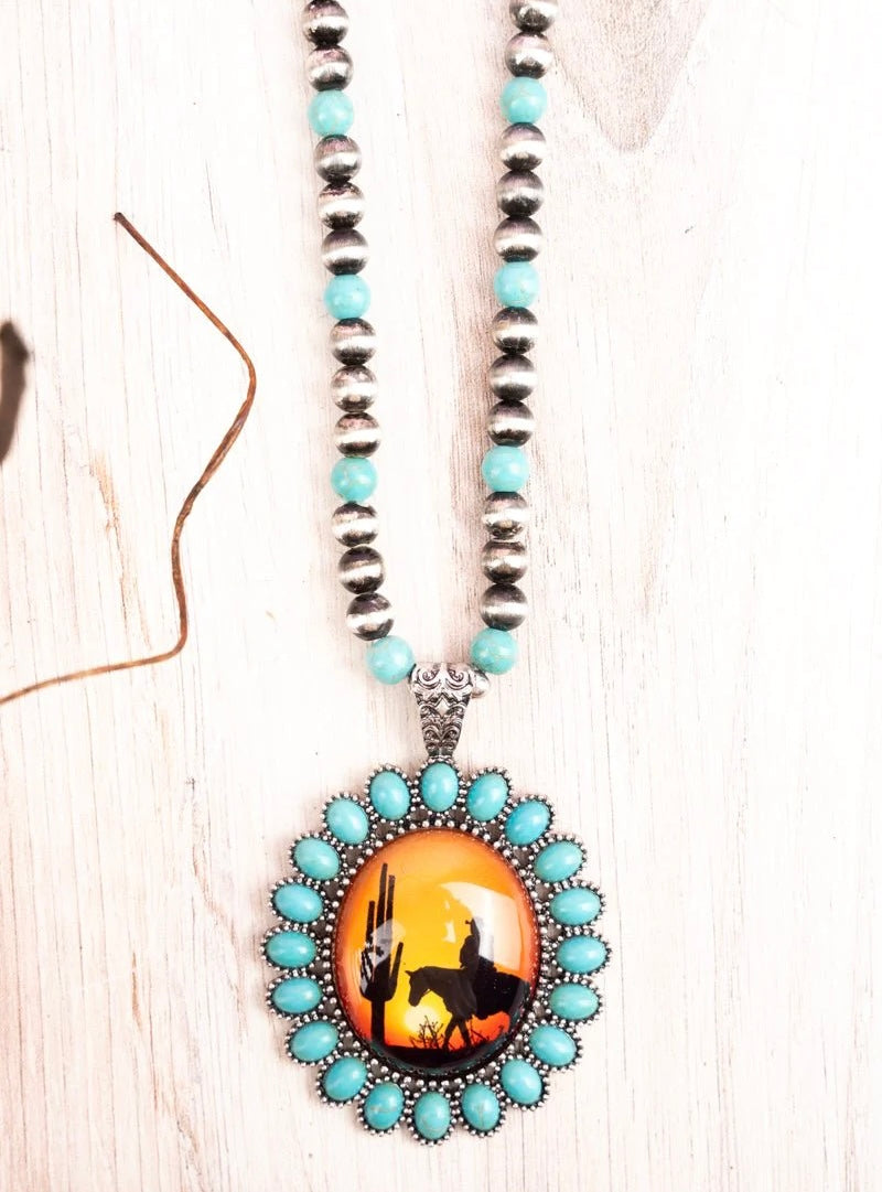 Cowboy Sunset Turquoise and Silver Pearl Necklace
