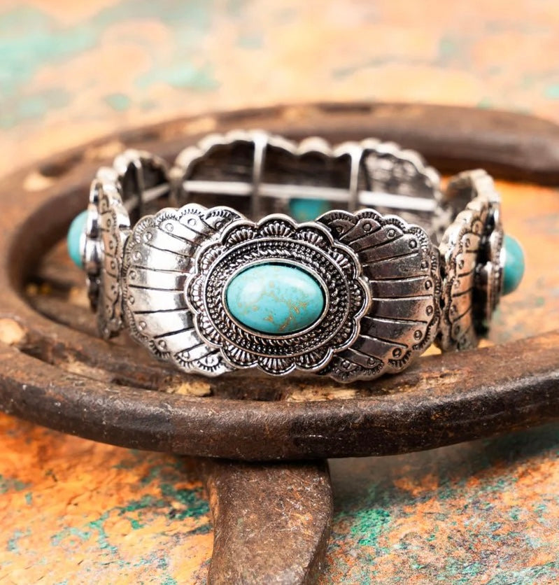 Costa Del Sol Silvertone and Turquoise Stretch Bracelet