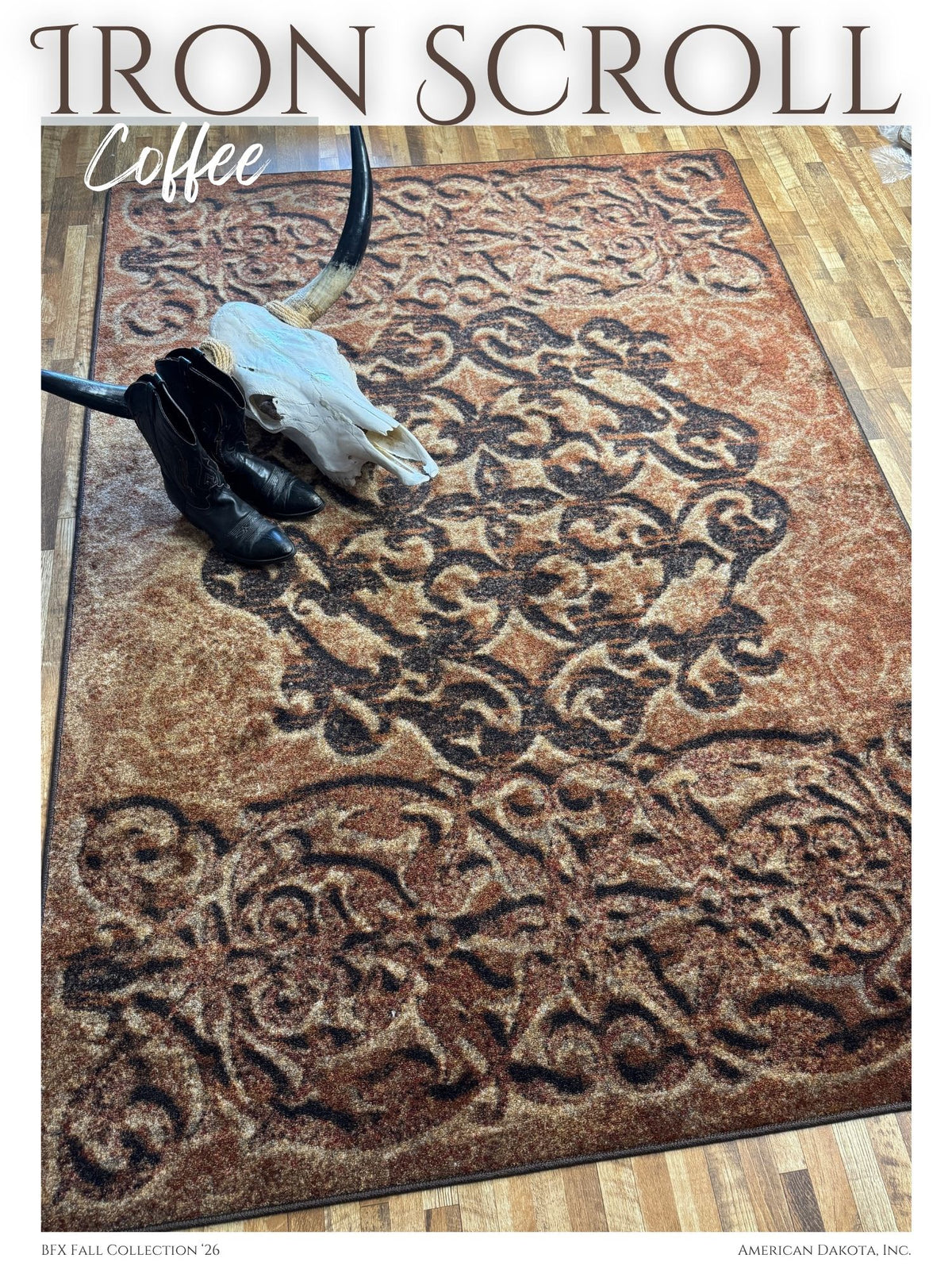 Iron scroll coffee area rug