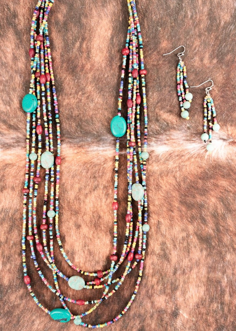 Multi-Color Stone and Seed Bead Layered Necklace and Earring Set