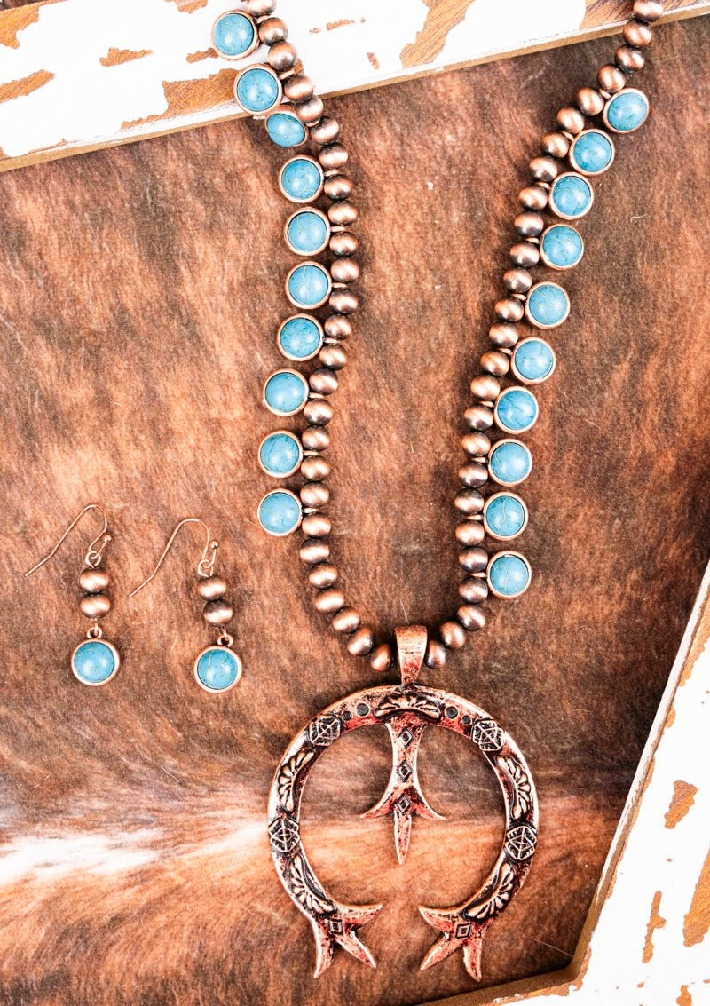 agle Lake Naja Turquoise & Copper Pearl Necklace and Earring Set