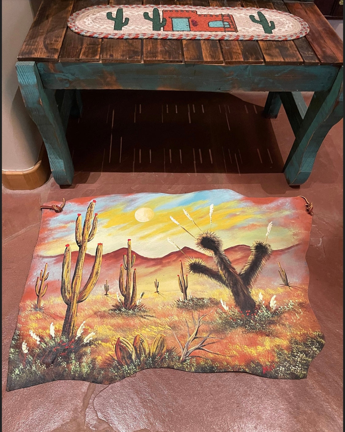 Hand painted apx 3.5’ Leather SOUTHWEST WALL DECOR