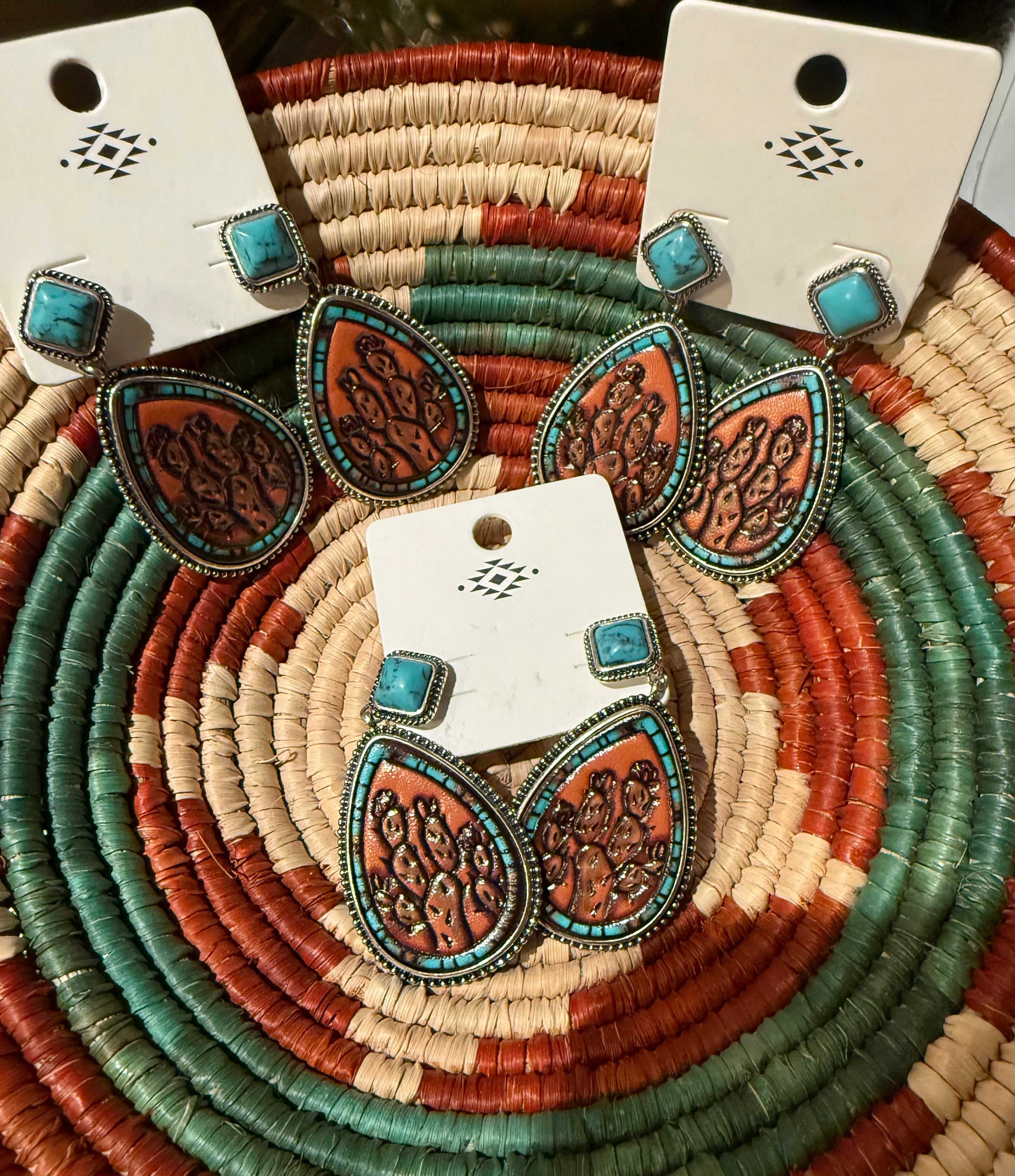 Leather cactus turquoise earrings