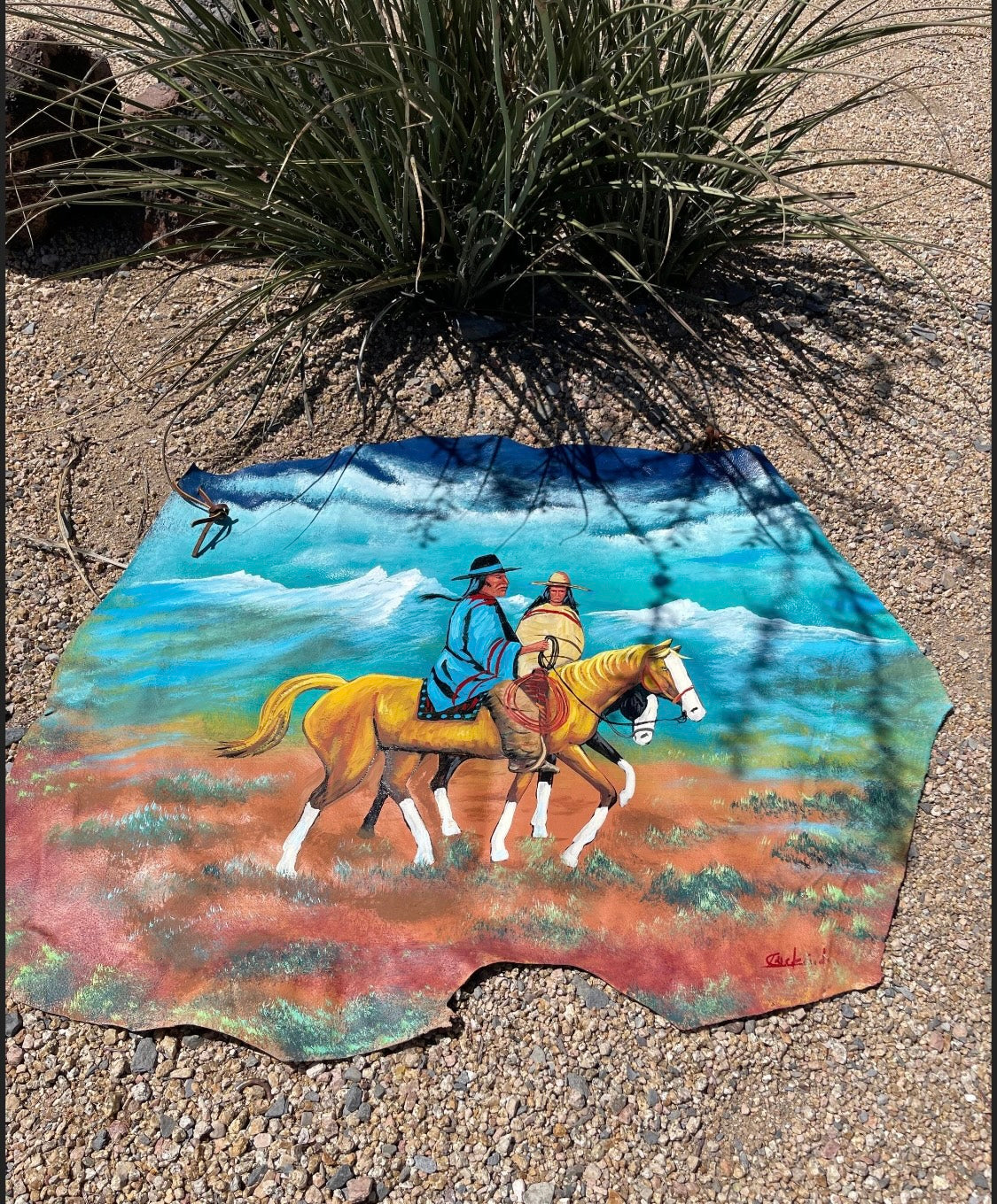 Hand painted apx 3.5’ Leather SOUTHWEST WALL DECOR
