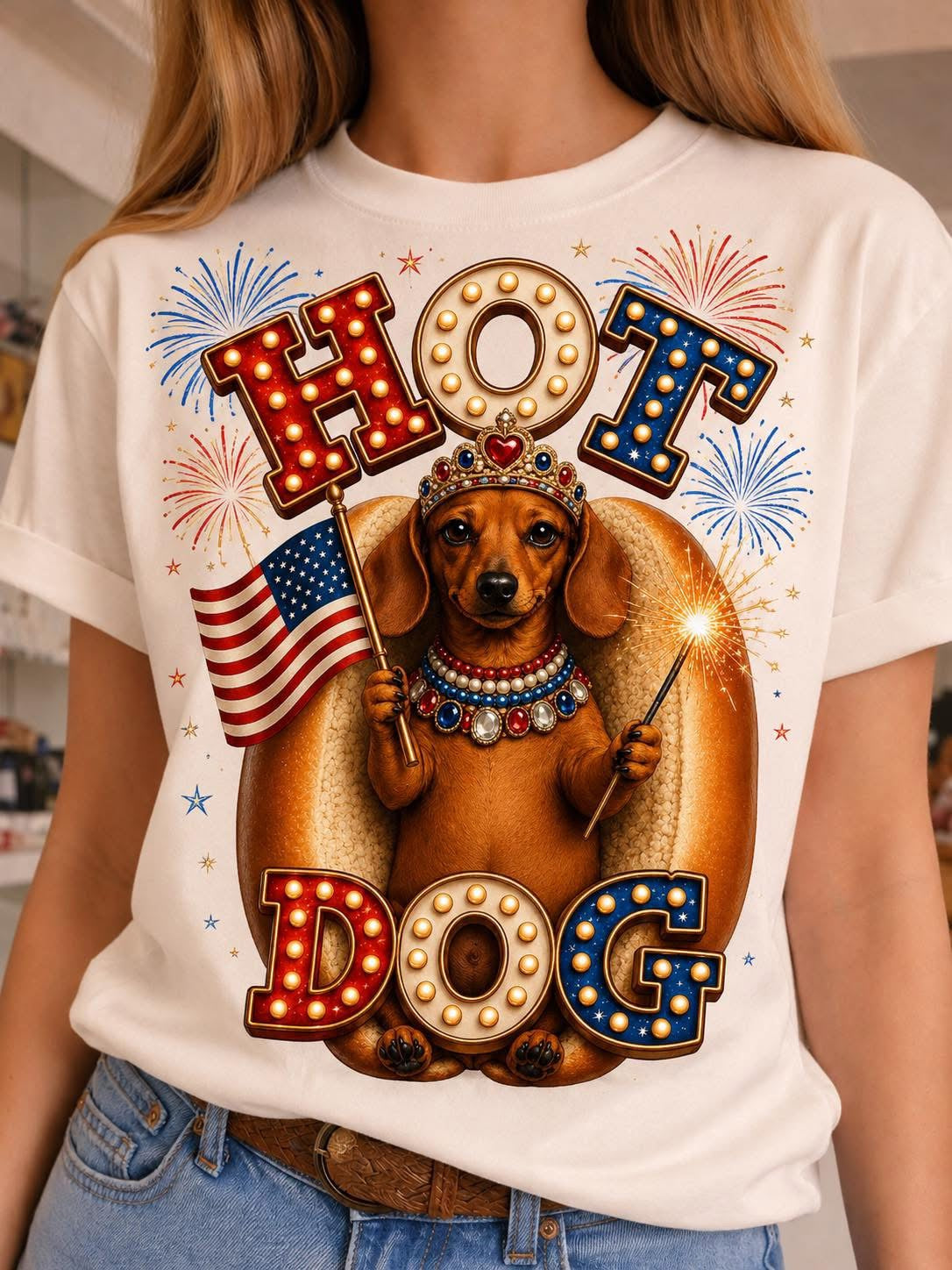 CUSTOM made Rhinestone blinged out HOTDOG Tee