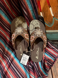 Mandala Silver Floral Rhinestones Concho Embroidered Wedge Flip-Flop