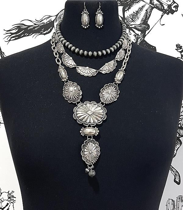 3 Layer Western concho necklace silver