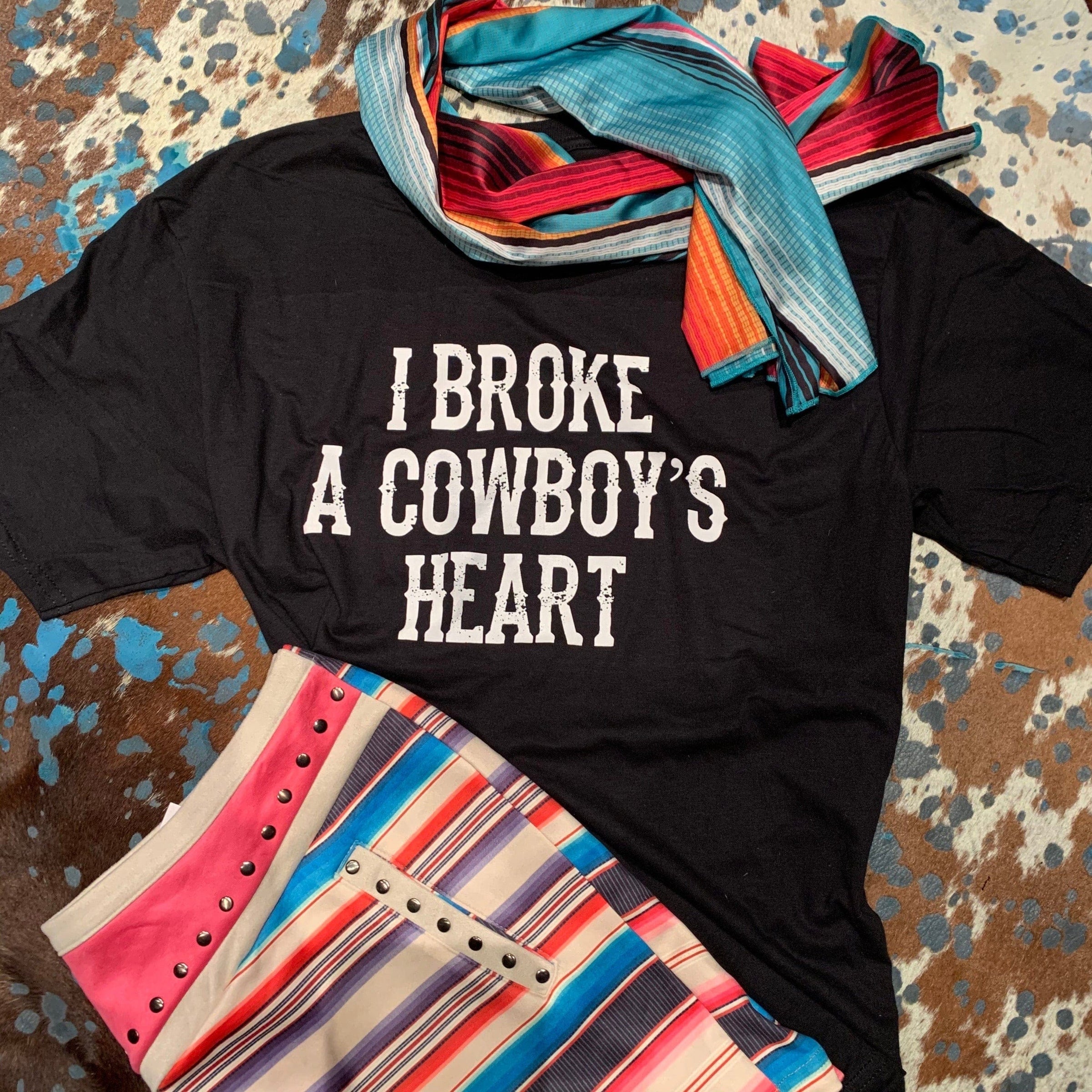 Black I broke a cowboys heart tee Southwest Bedazzle Bargain bonanza