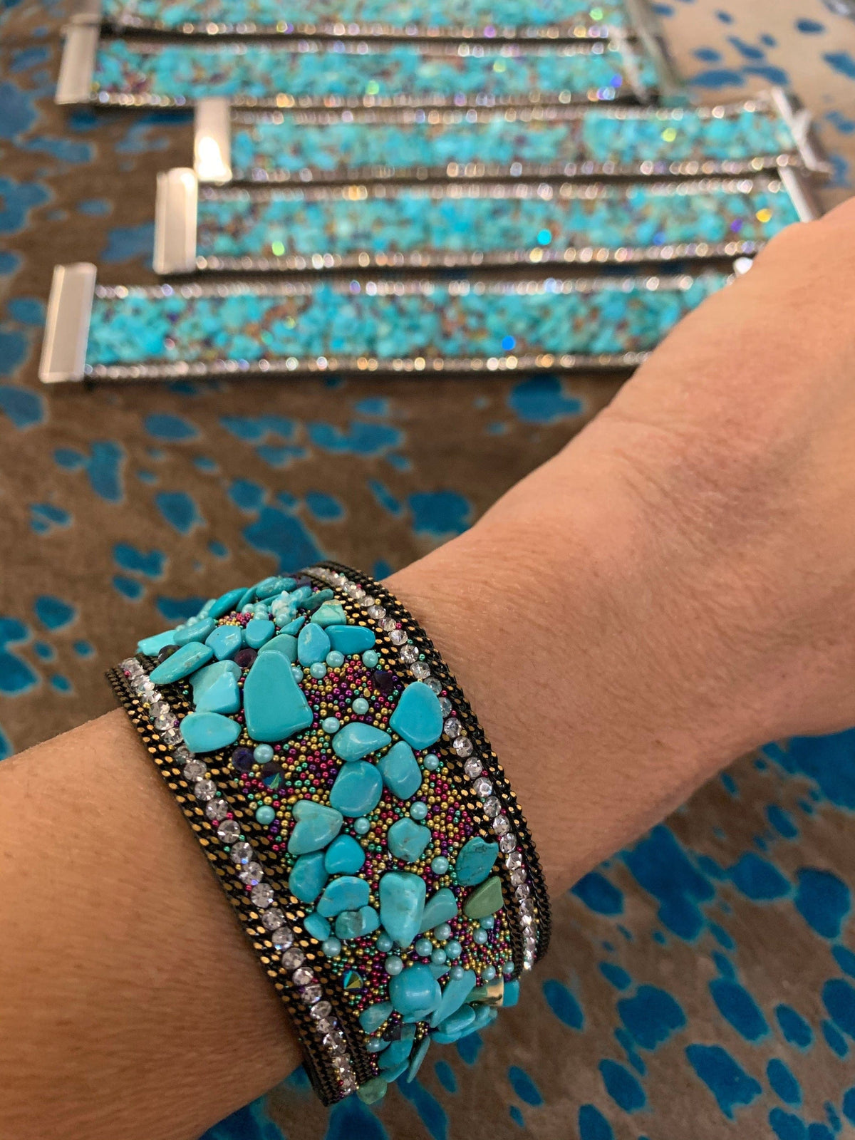 Dark gold & turquoise  chip magnetic bracelet Southwest Bedazzle jewelz