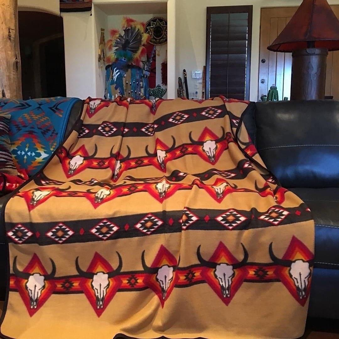 El Diablo fleece blanket  Mustard steer Southwest Bedazzle blankets/slippers