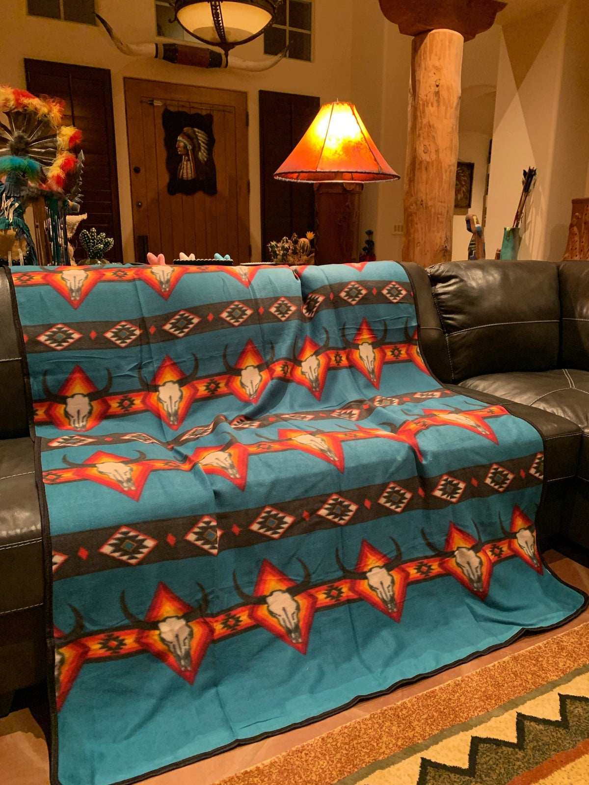 El Diablo turquoise fleece blanket  Turquoise steer Southwest Bedazzle blankets/slippers