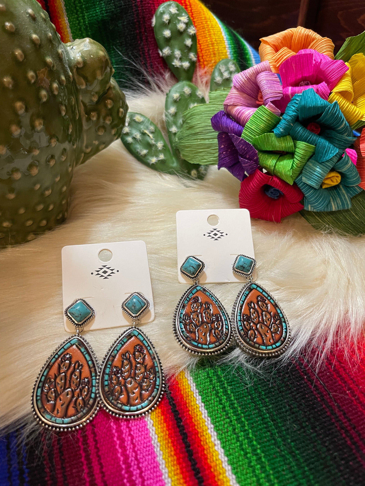 Leather cactus turquoise earrings Southwest Bedazzle jewelz