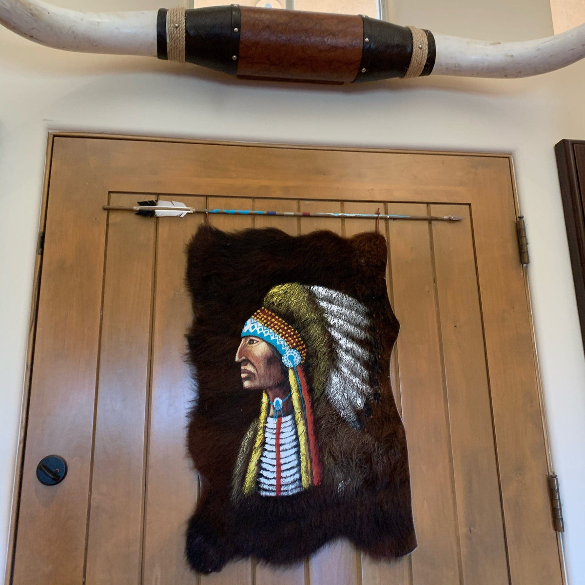 Leather Indian chief hand painted wall hanging Southwest Bedazzle home decor