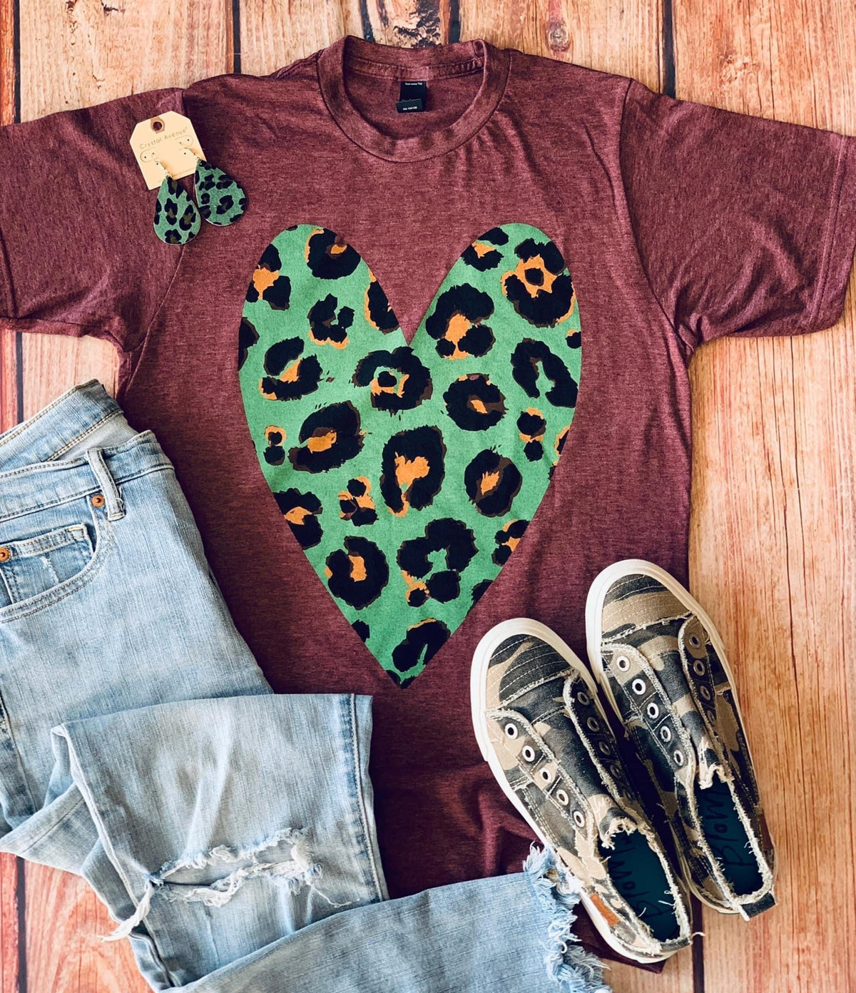 Leopard heart TEE   burgundy/teal Southwest Bedazzle clothing