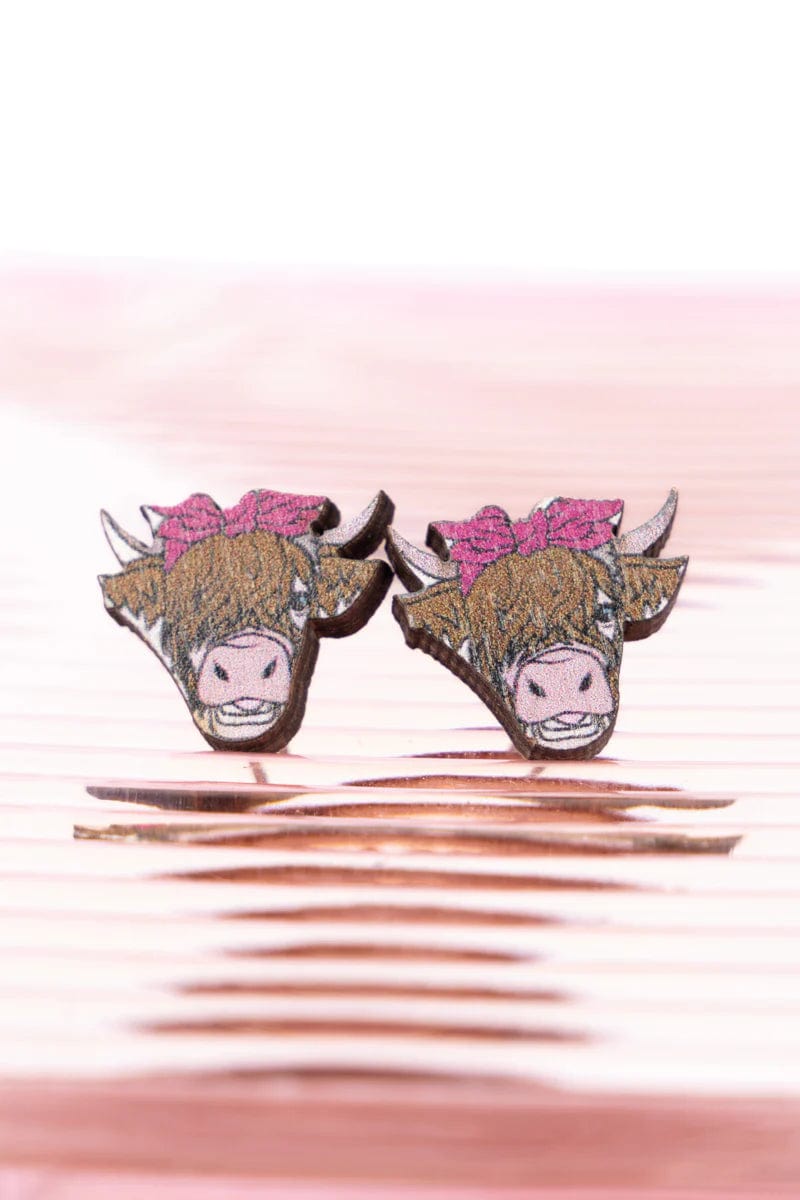 Pink bow Highlander cow EARRINGS Southwest Bedazzle jewelz