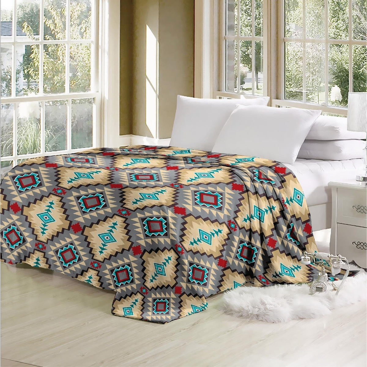 Queen Southwest velvet LUXURY flannel BLANKET Southwest Bedazzle blankets/slippers
