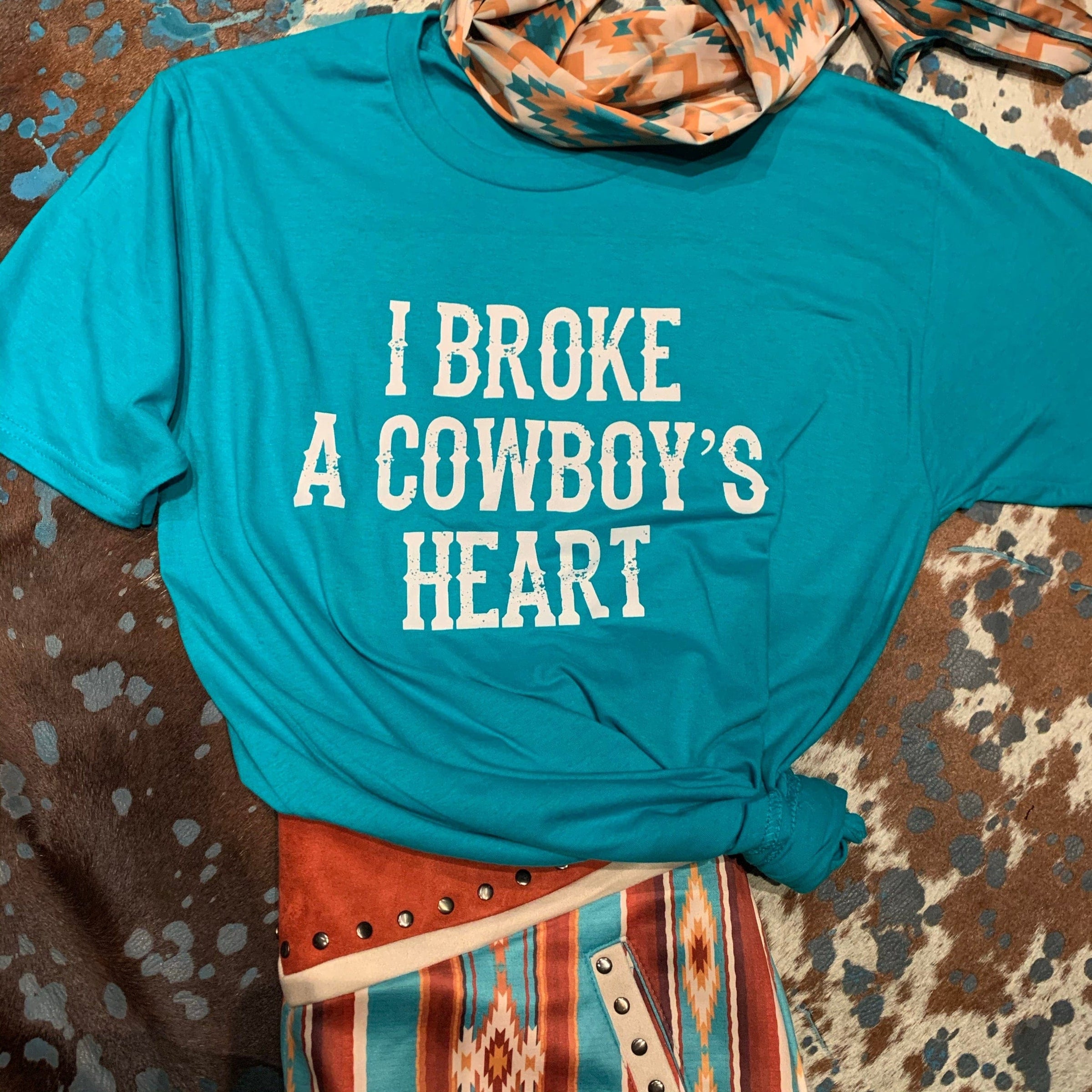 Teal I broke a cowboys heart tee Southwest Bedazzle Bargain bonanza