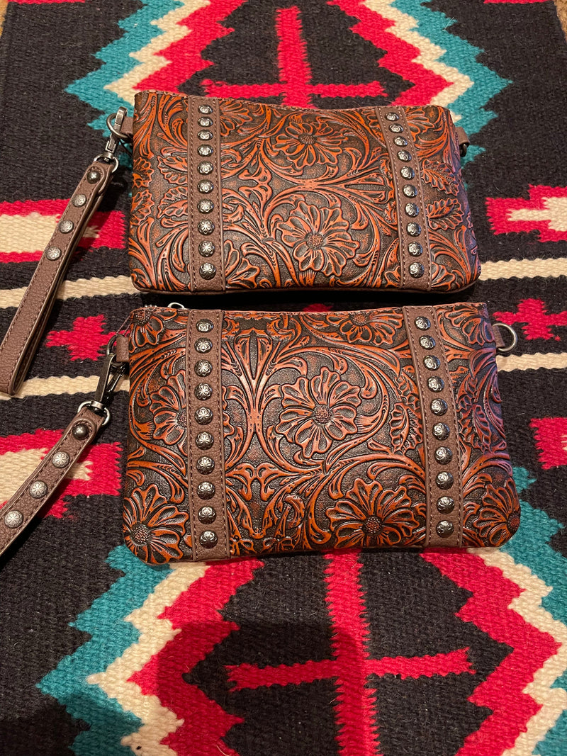 The Tooled Leather Tumbleweed WRISTLET /Crossbody purse Southwest Bedazzle sw fiesta bags