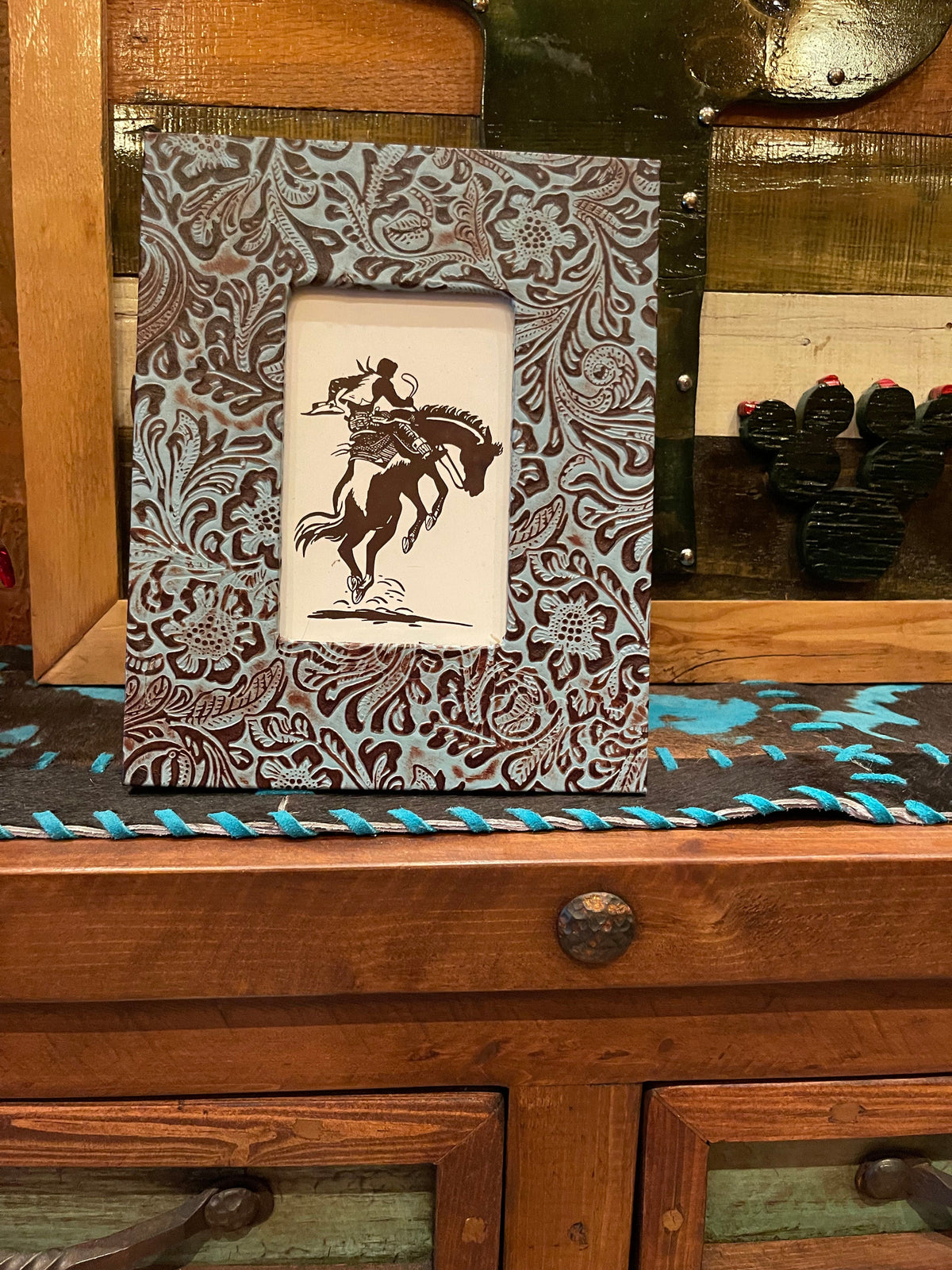 Western Tooled Leather picture frame Southwest Bedazzle home decor