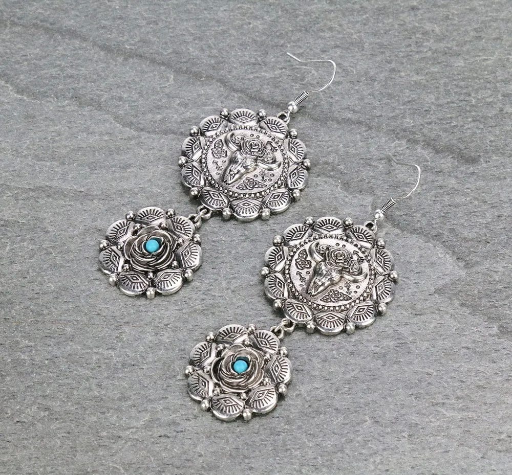 2 tier silver floral western earrings Southwest Bedazzle jewelz
