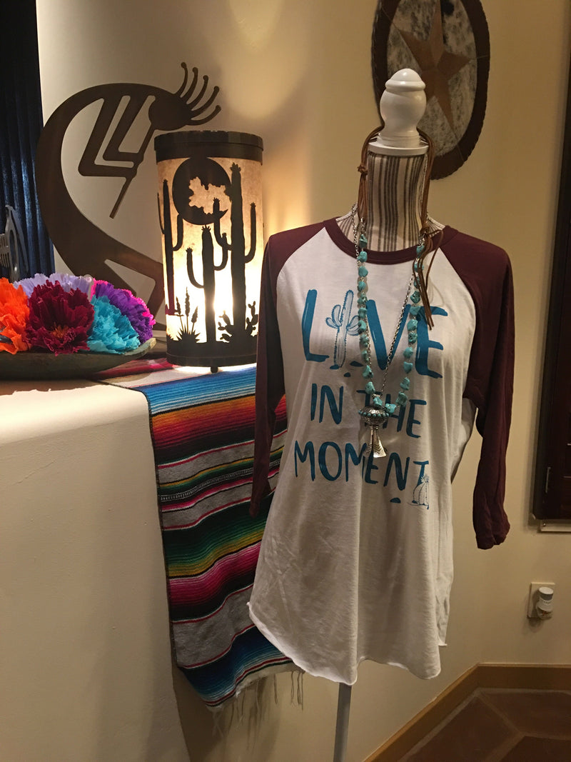 3/4 sleeve live in the moment tee Wine w/teal ink Southwest Bedazzle Bargain bonanza