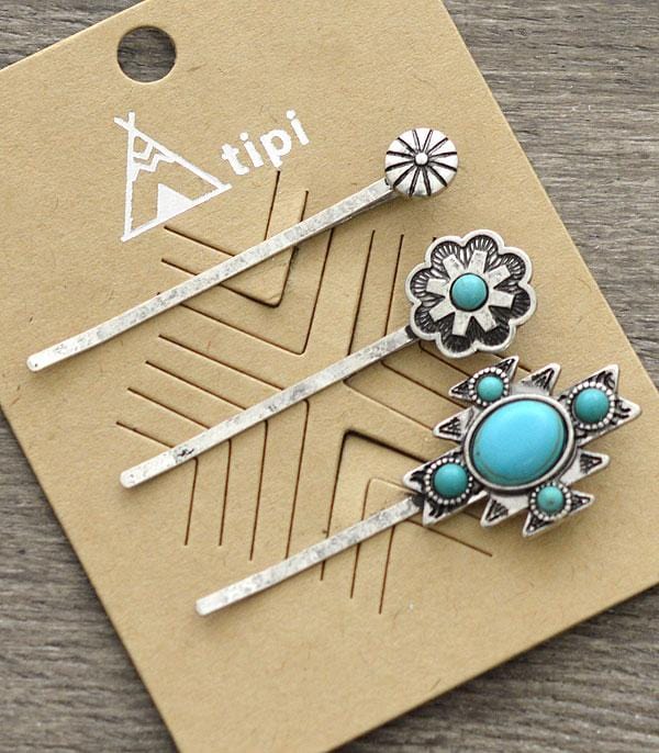 Aztec 3 pack Turquoise BOBBY HAIR PINS Southwest Bedazzle jewelz
