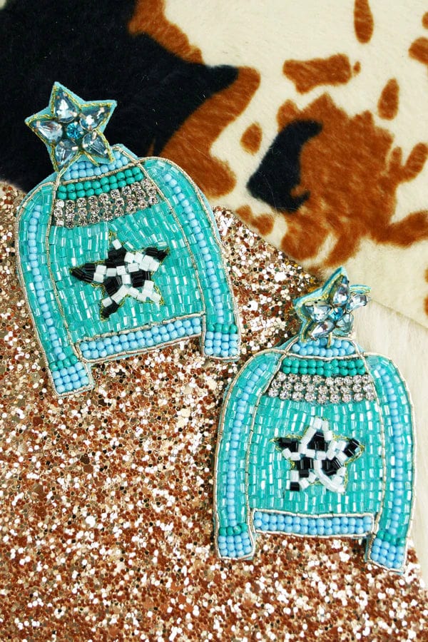 Beaded blue sweater earrings Southwest Bedazzle jewelz