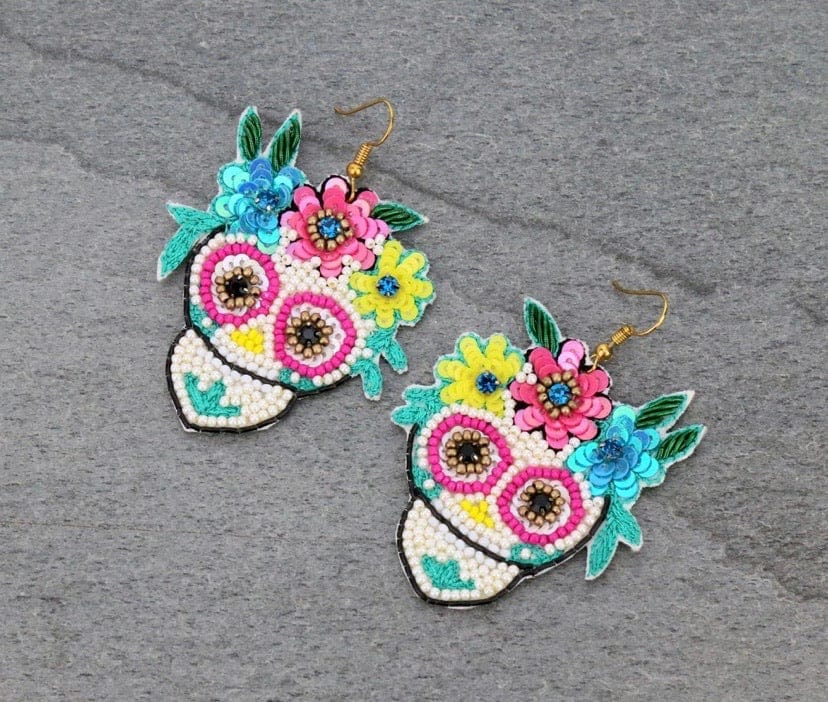 Beaded sugar skull  fiesta earrings Southwest Bedazzle jewelz