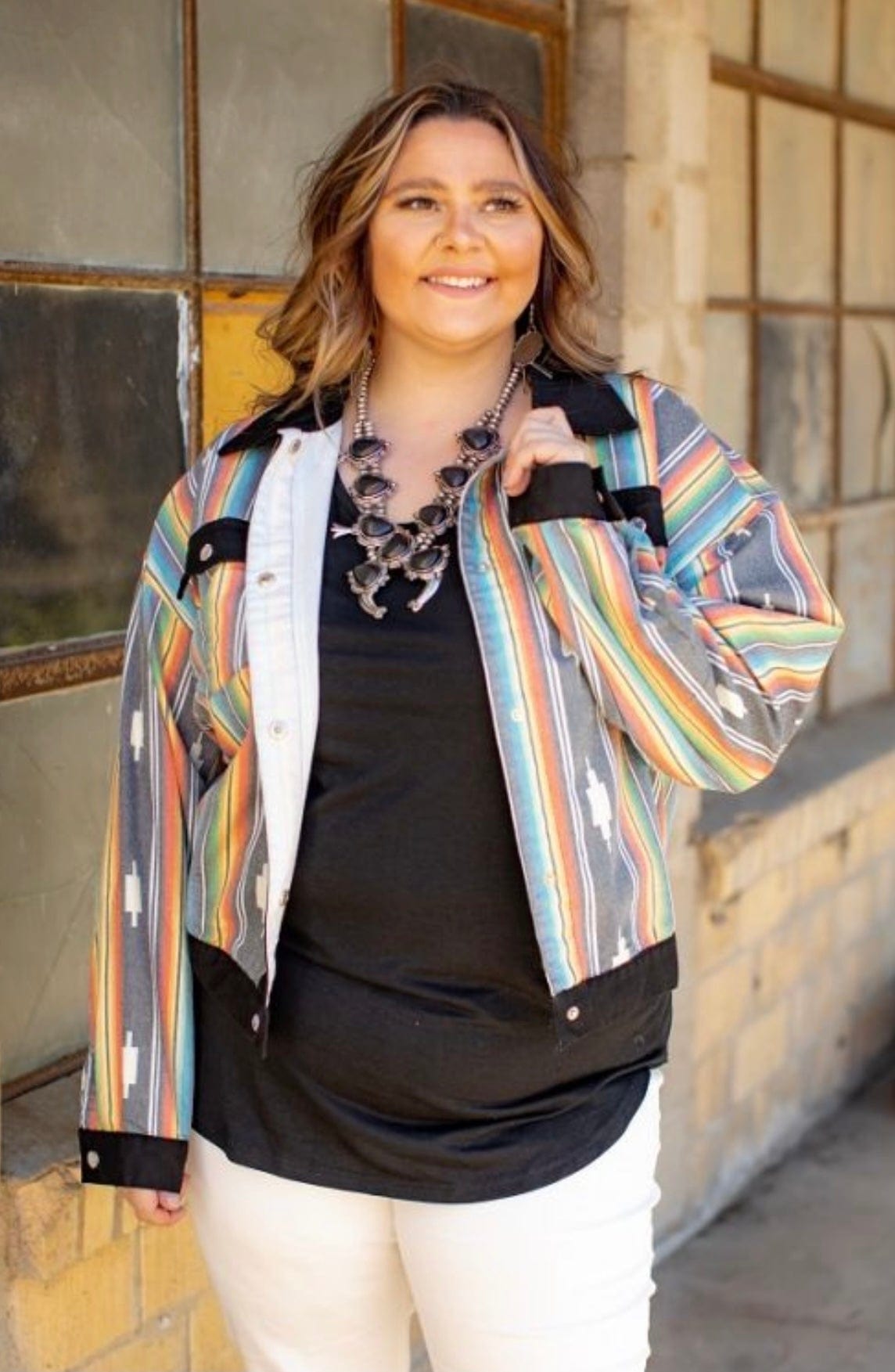 Black aztec serape cropped denim jacket  Plus Southwest Bedazzle Bargain bonanza