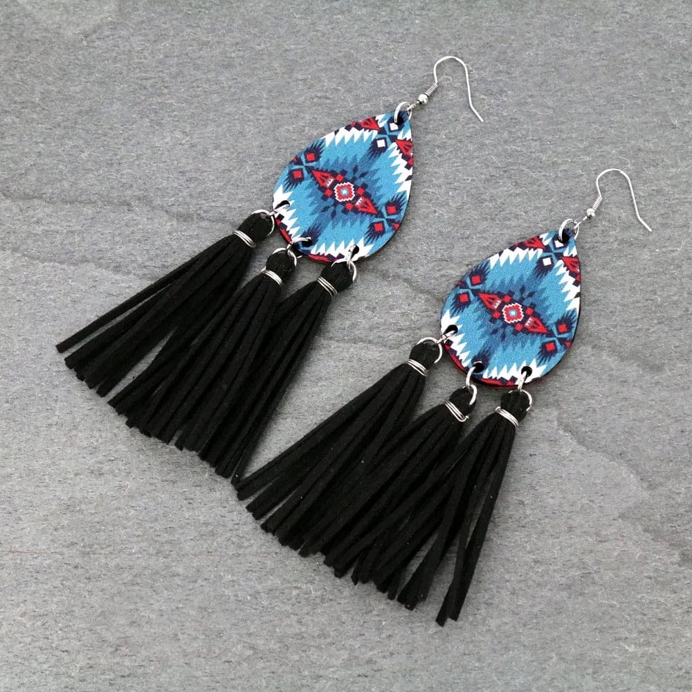 Black fringe aztec wood earrings Southwest Bedazzle jewelz