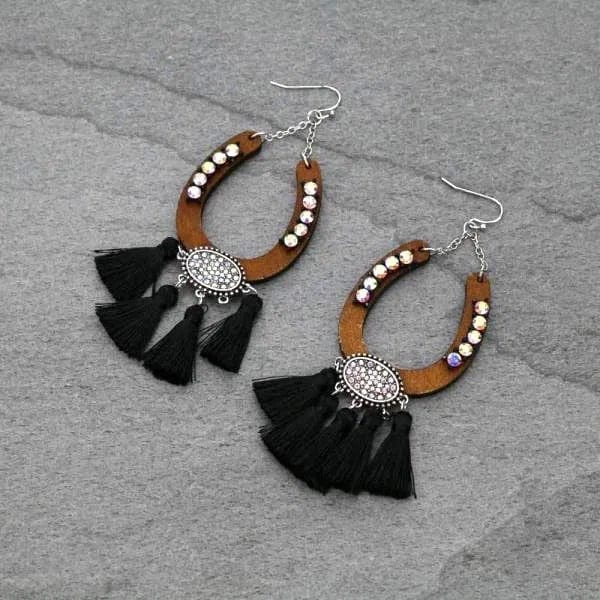 Black horseshoe tassel earrings Southwest Bedazzle jewelz