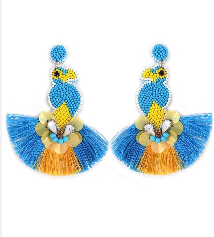 Blue yellow beaded bird earrings Southwest Bedazzle jewelz