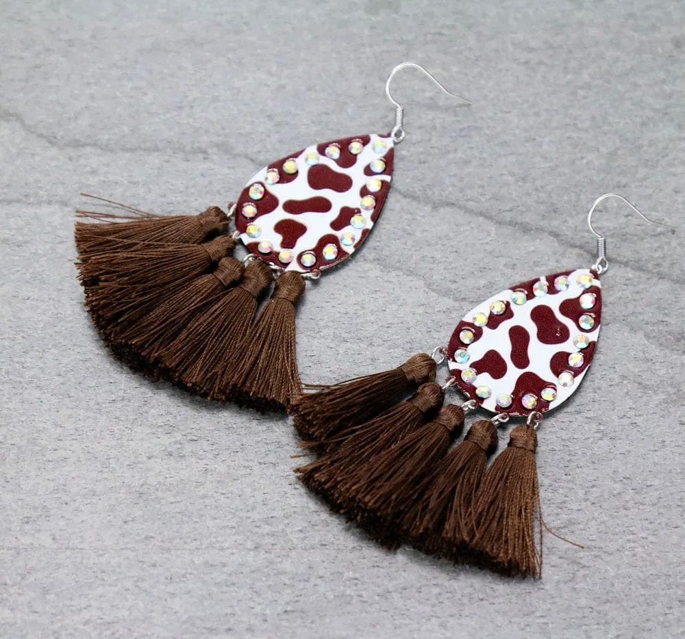 Brown cow tassel earrings Southwest Bedazzle jewelz