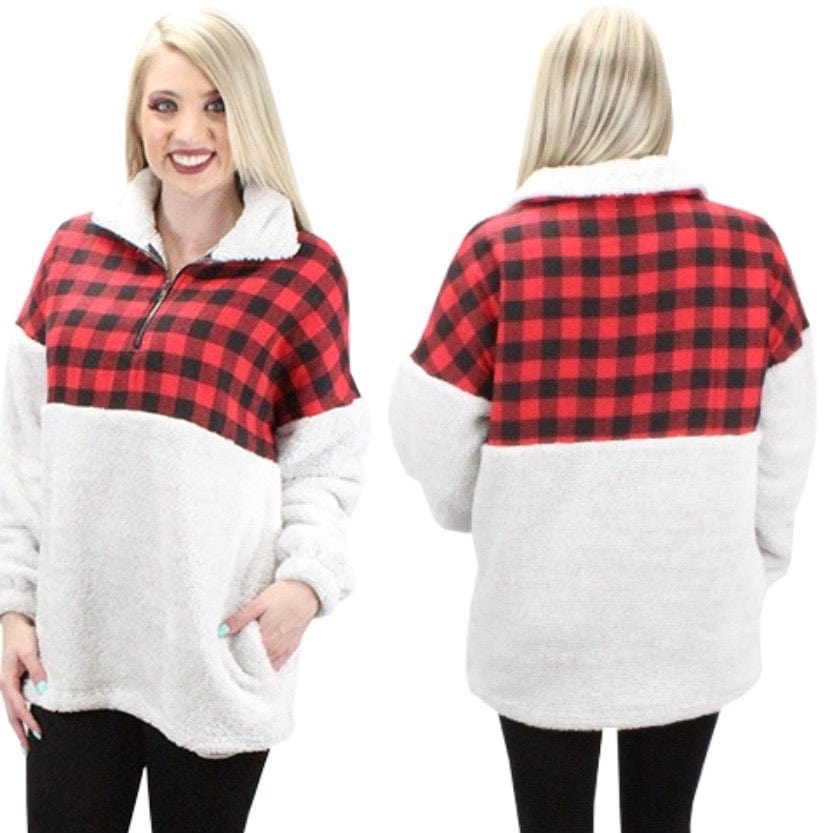 Buffalo plaid ivory pullover sherpa Southwest Bedazzle clothing