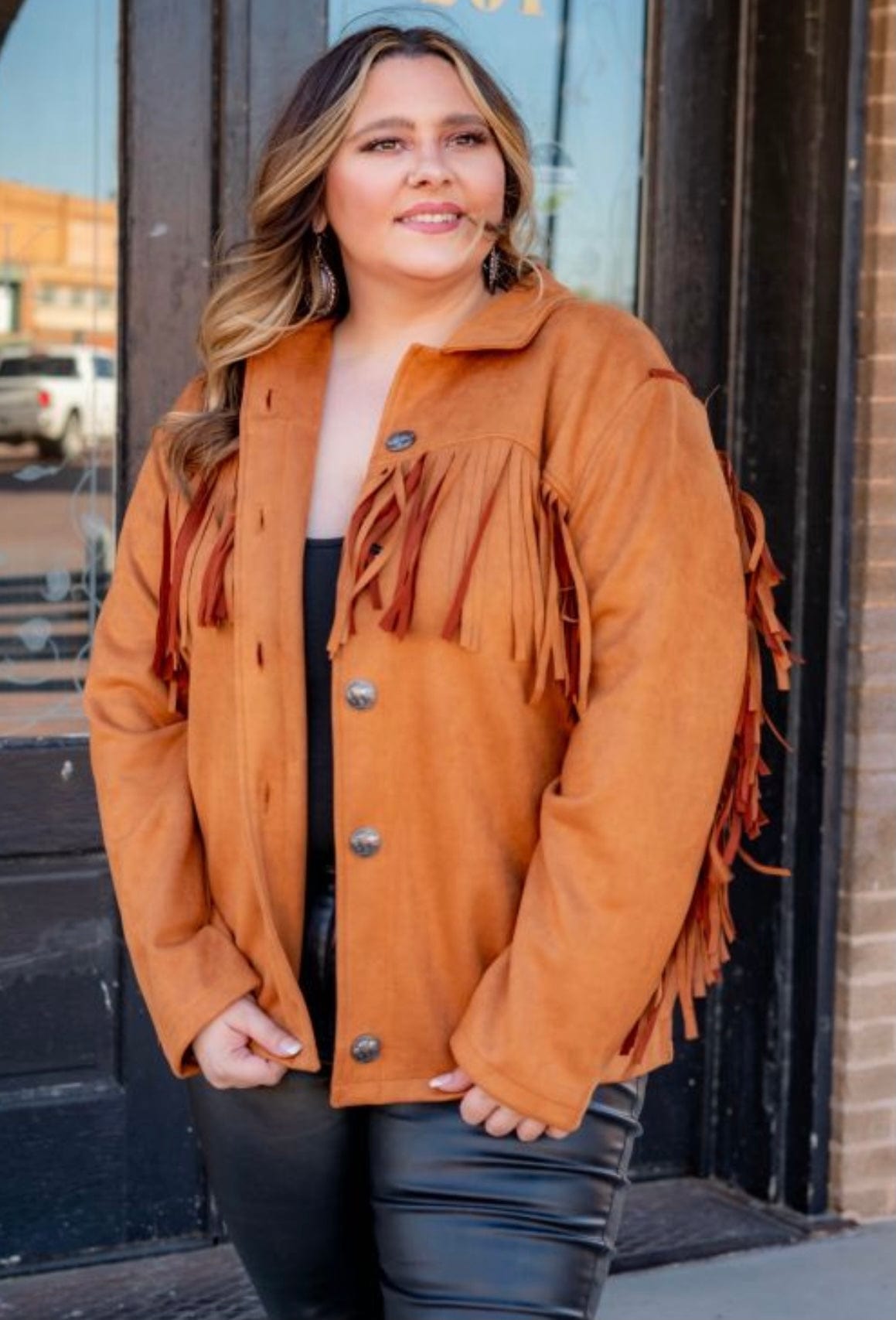 Camel suede fringe snap jacket   Plus Southwest Bedazzle Bargain bonanza