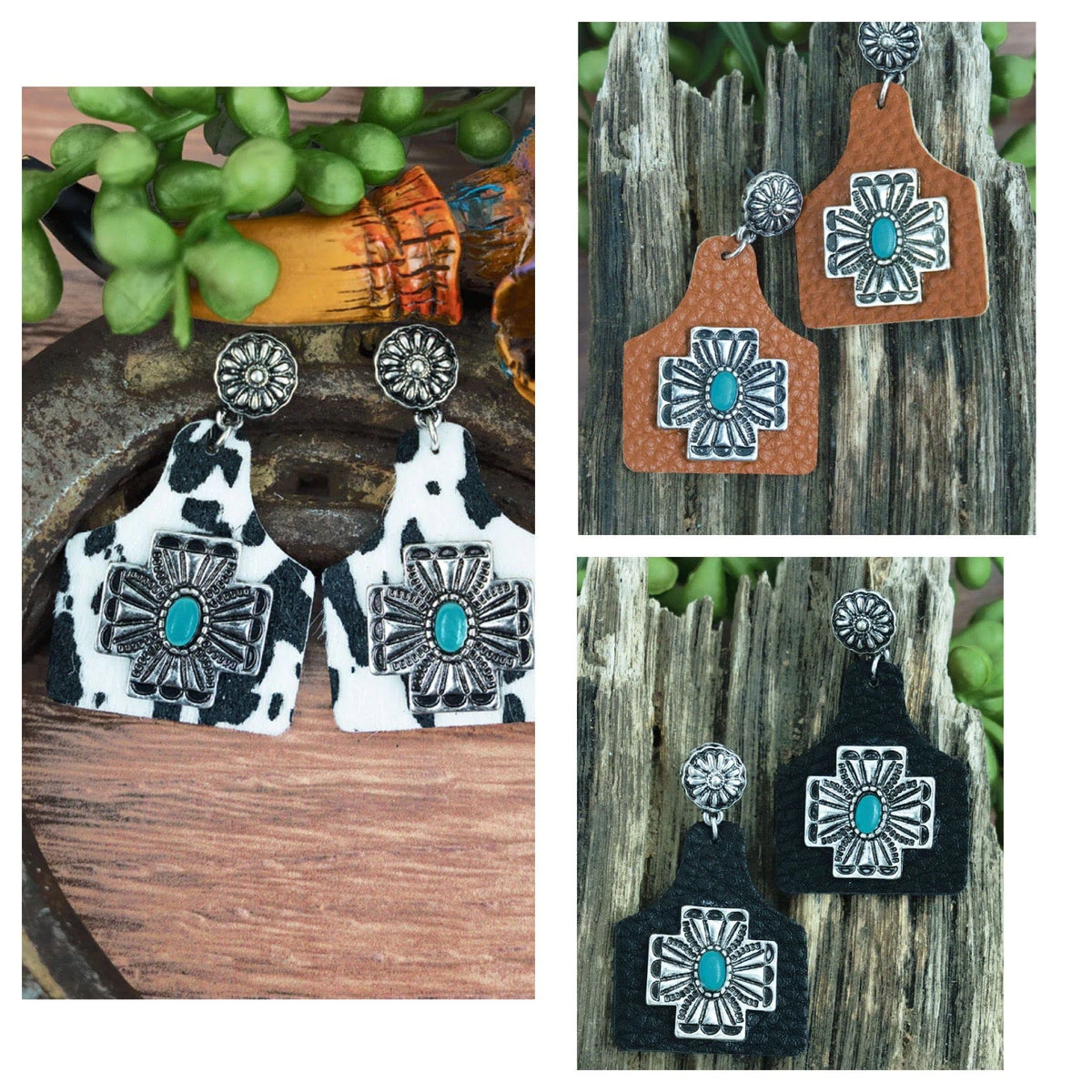 Cattle ear tag leather earrings Southwest Bedazzle jewelz
