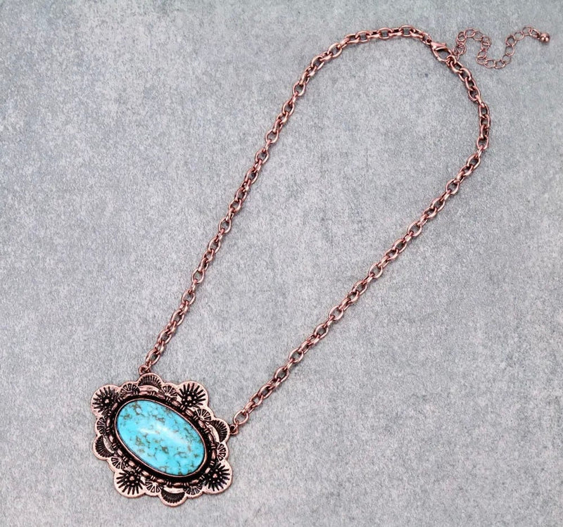 Copper turquoise western framed NECKLACE Southwest Bedazzle jewelz