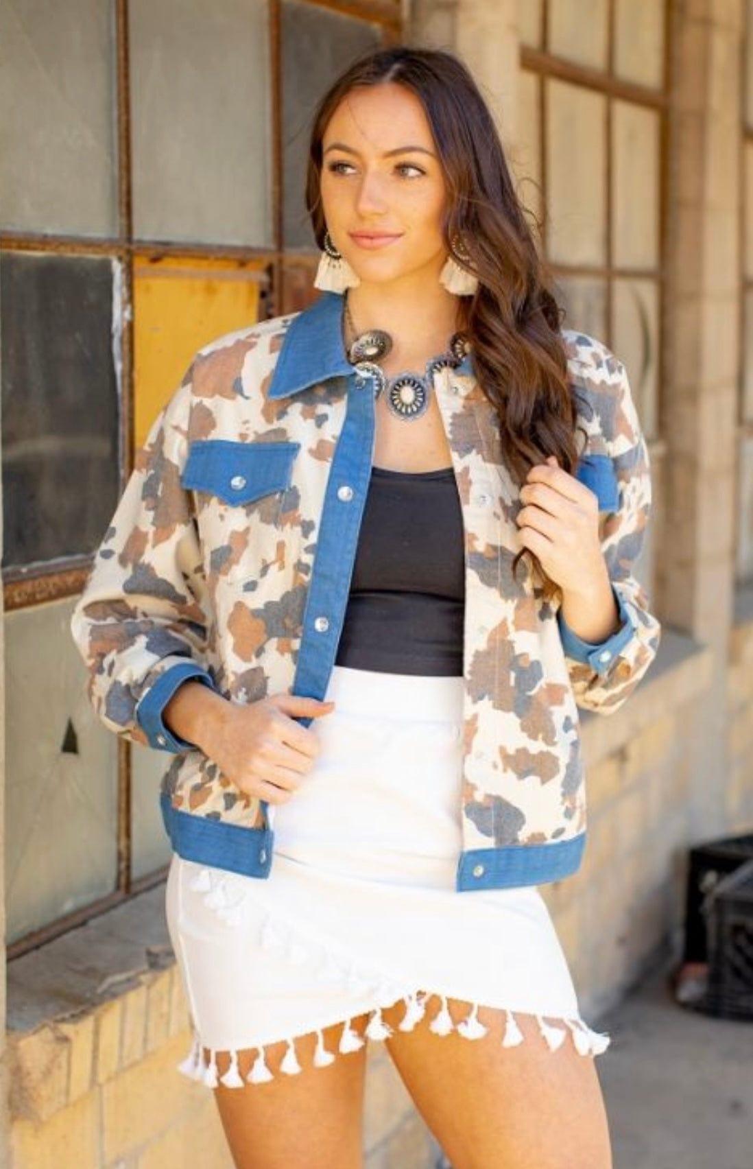 Cowhide cropped Denim jacket Southwest Bedazzle Bargain bonanza