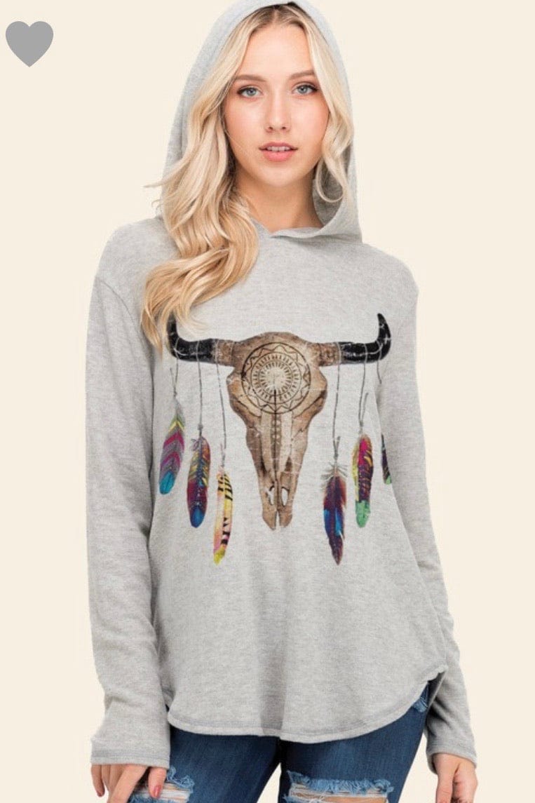 Feather Steer skull hoodie      runs true with room Southwest Bedazzle clothing