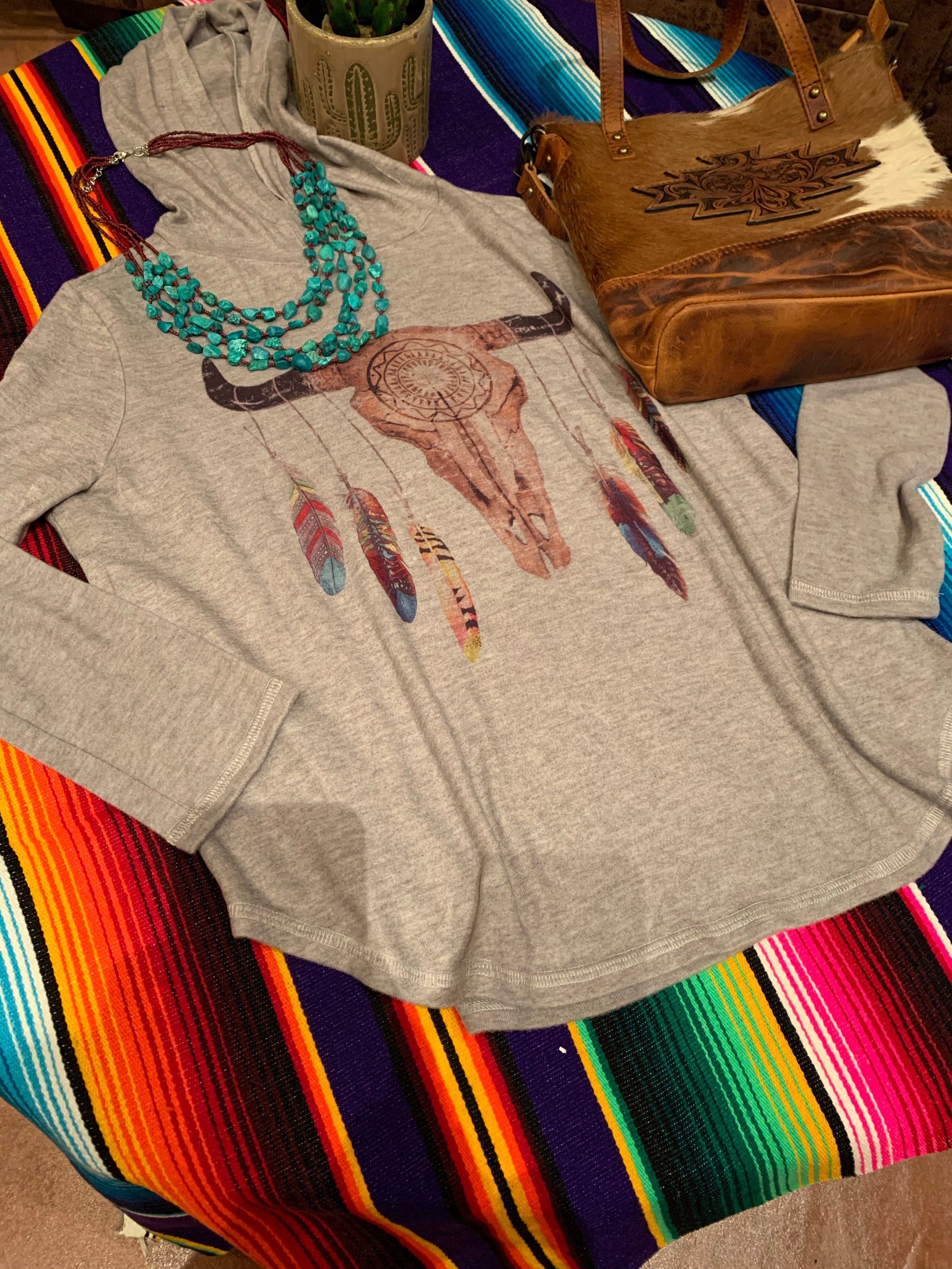 Feather Steer skull hoodie      runs true with room Southwest Bedazzle clothing