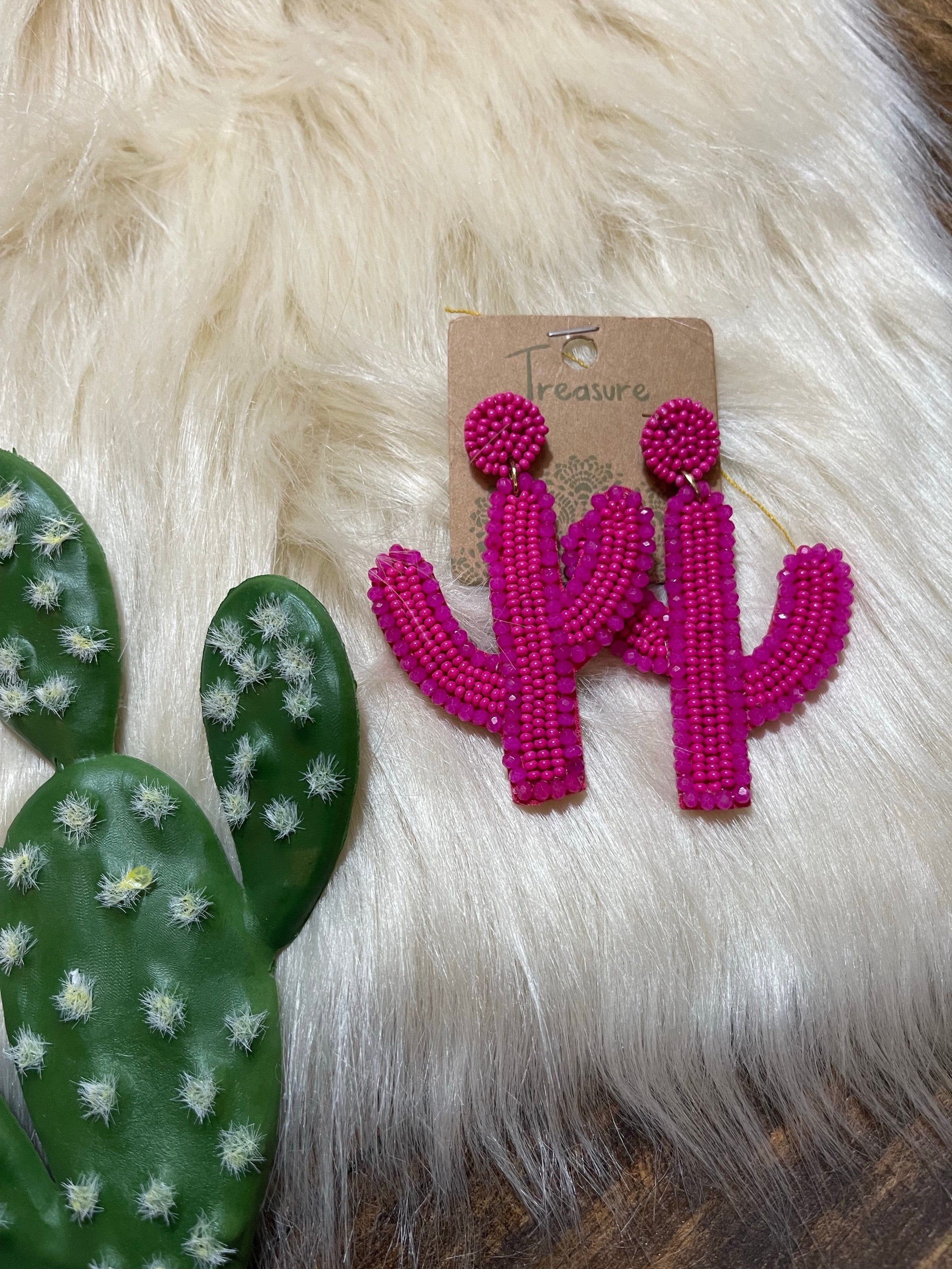 Fuchsia glass beaded cactus earrings Southwest Bedazzle jewelz