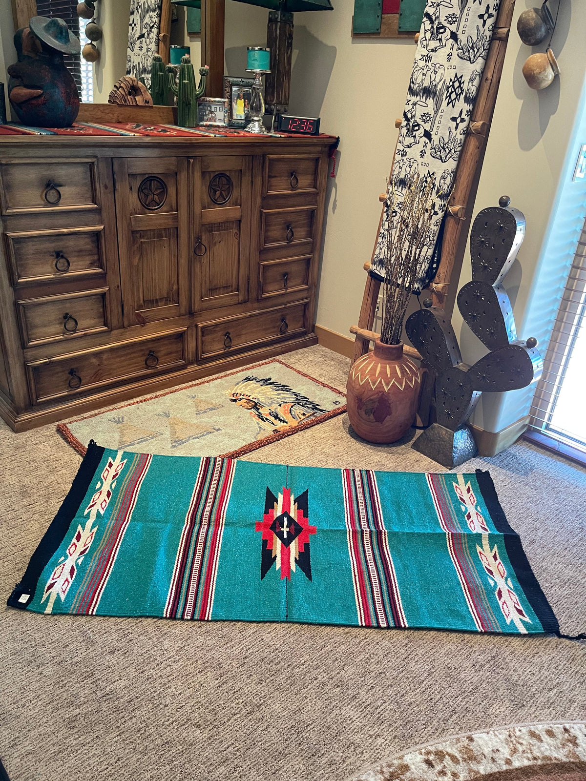 Large CANTINA Azteca rug   Teal Southwest Bedazzle home decor