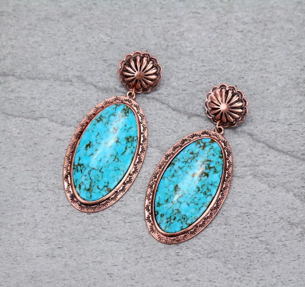 Large copper turquoise western framed EARRINGS Southwest Bedazzle jewelz