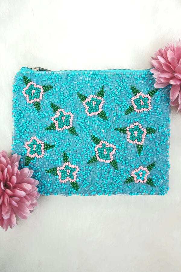 Large teal floral beaded coin clutch Southwest Bedazzle sw fiesta bags