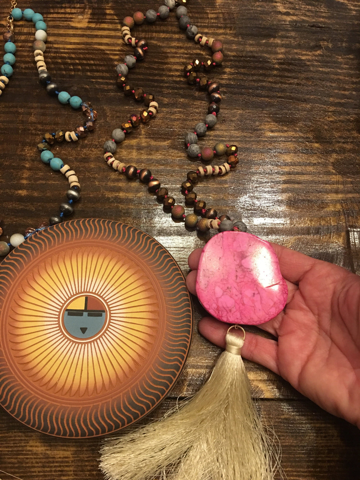 Large Turquoise slab tassel beaded necklace Southwest Bedazzle Bargain bonanza