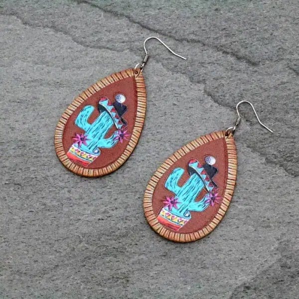Leather cactus earrings  CINCO DE MAYO Southwest Bedazzle jewelz